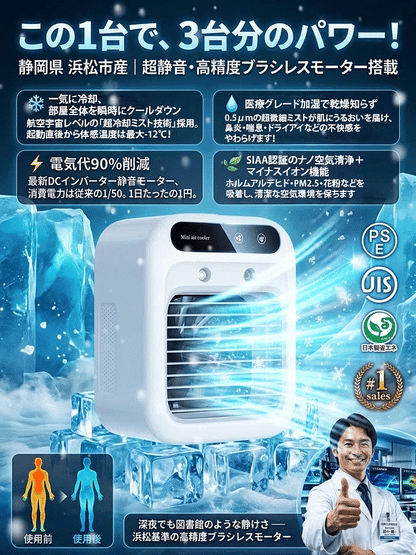【2026年最新モデル】Mini Air Cooler｜卓上ミニ冷風機・500ml・USB充電式